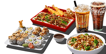 Sushi platter, bento meal, rice meal and bubble tea